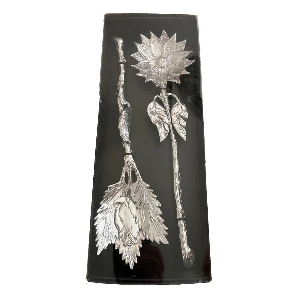 NIB Aluminum Salad Servers Set Sunflower Rose Floral Silver Wedding Party Gift